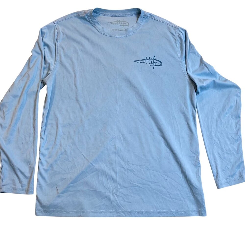 Reel Life Mens Shirt Size M Light Blue Long Sleeve Performance Polyester Blend